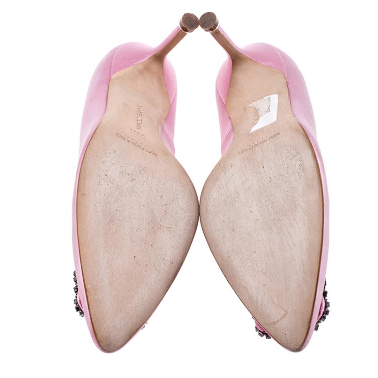 Pre Owned Manolo Blahnik Pink Satin Hangisi Crystal Embellished Pumps Size 36.5