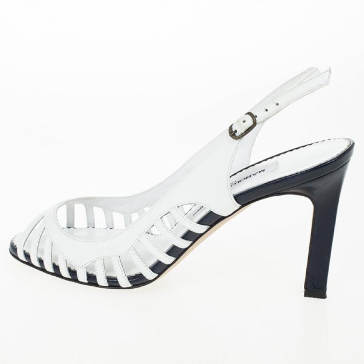 Pre Owned Manolo Blahnik White &amp; Navy Leather Slingback Sandals Size 37