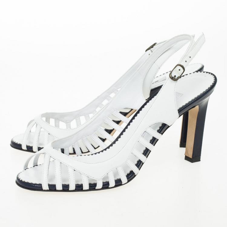 Pre Owned Manolo Blahnik White &amp; Navy Leather Slingback Sandals Size 37