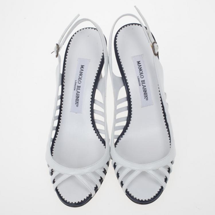 Pre Owned Manolo Blahnik White &amp; Navy Leather Slingback Sandals Size 37