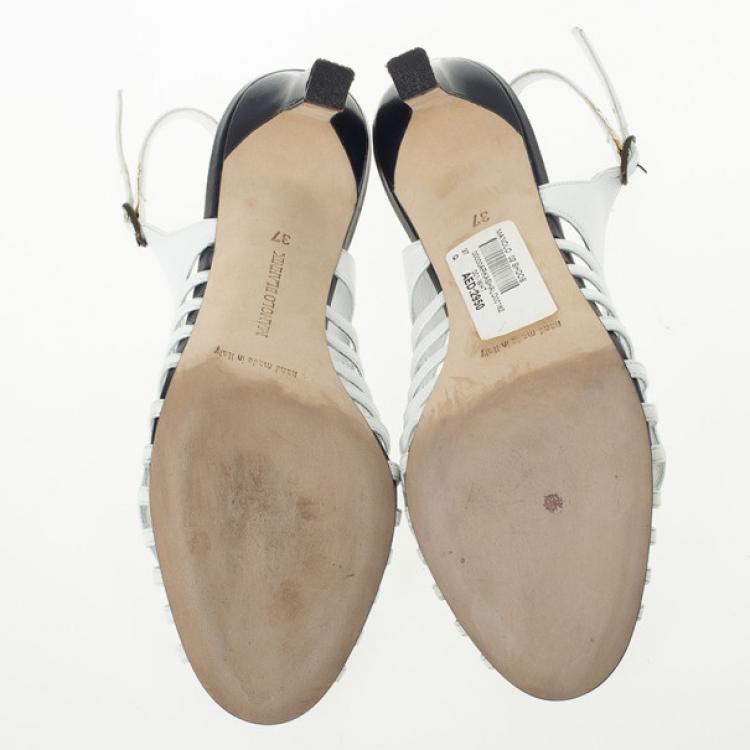 Pre Owned Manolo Blahnik White &amp; Navy Leather Slingback Sandals Size 37