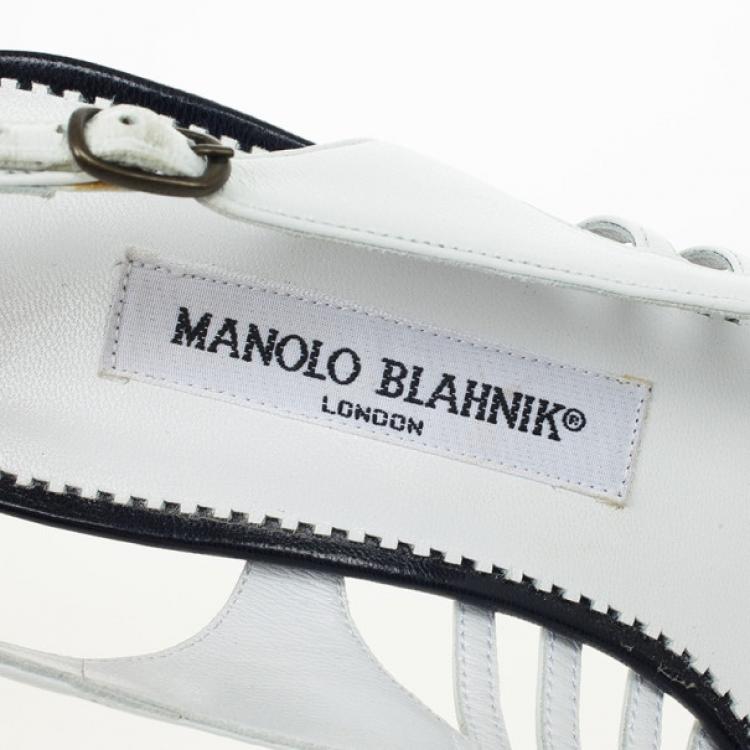Pre Owned Manolo Blahnik White &amp; Navy Leather Slingback Sandals Size 37