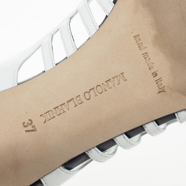 Pre Owned Manolo Blahnik White &amp; Navy Leather Slingback Sandals Size 37