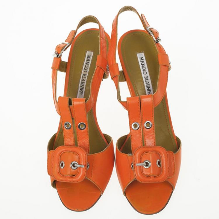 Pre Owned Manolo Blahnik Orange Leather Buckle T Strap Sandals Size 36.5