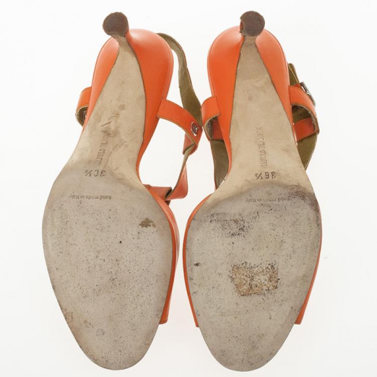 Pre Owned Manolo Blahnik Orange Leather Buckle T Strap Sandals Size 36.5