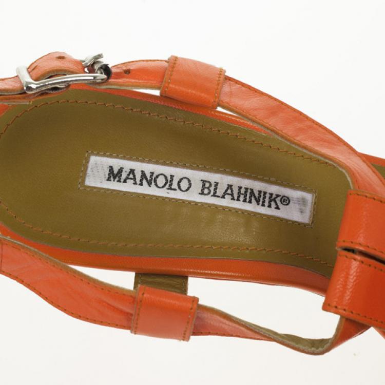 Pre Owned Manolo Blahnik Orange Leather Buckle T Strap Sandals Size 36.5