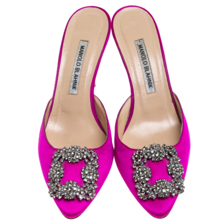 Pre Owned Manolo Blahnik Pink Maysale Embellished Pointed Toe Mules Size 36.5