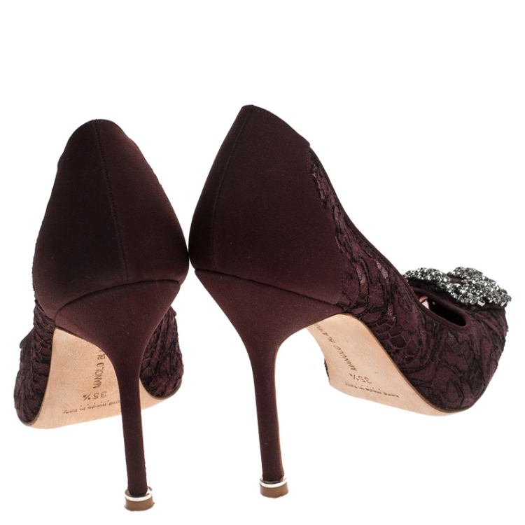 Pre Owned Manolo Blahnik Burgudy Lace And Fabric Hangisi Embellished Pointed Toe Pumps Size 35.5