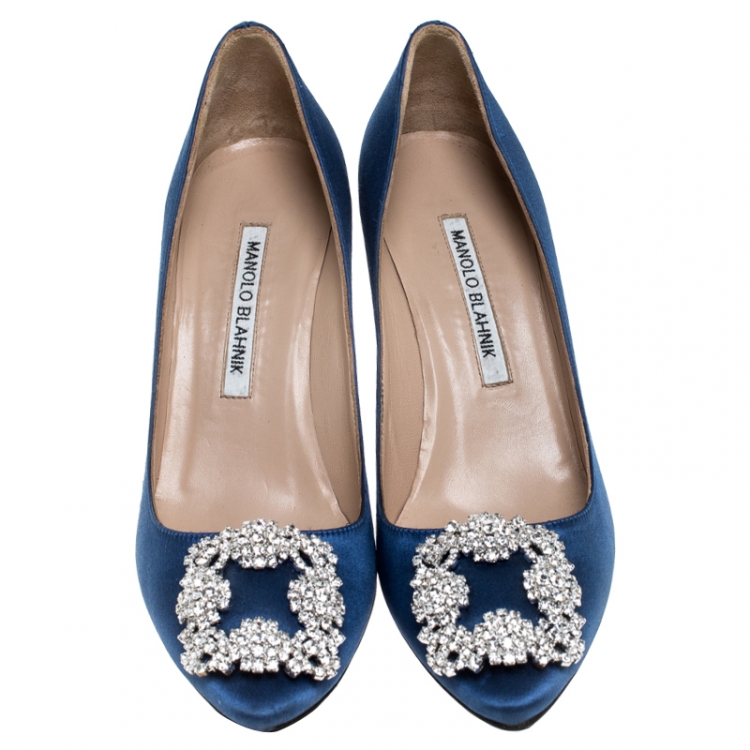 Pre Owned Manolo Blahnik Royal Blue Satin Hangisi Crystal Embellished Pumps Size 36