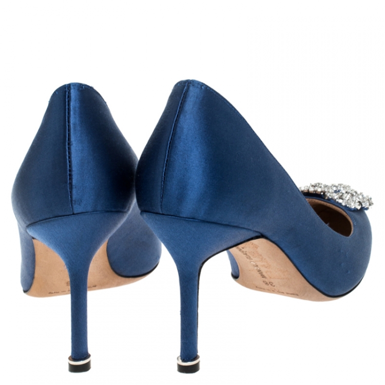 Pre Owned Manolo Blahnik Royal Blue Satin Hangisi Crystal Embellished Pumps Size 36