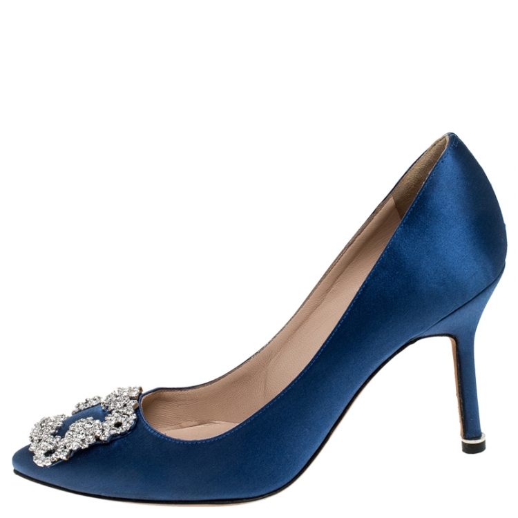 Pre Owned Manolo Blahnik Royal Blue Satin Hangisi Crystal Embellished Pumps Size 36