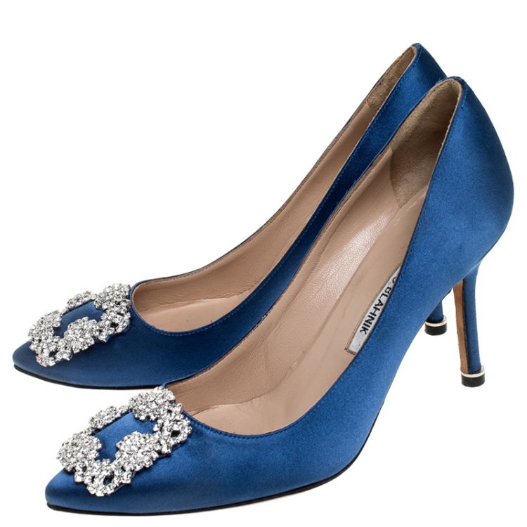 Pre Owned Manolo Blahnik Royal Blue Satin Hangisi Crystal Embellished Pumps Size 36