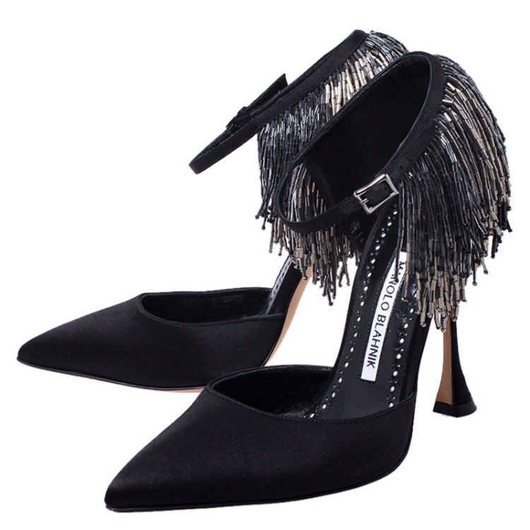 Pre Owned Manolo Blahnik Black Satin Fringe Frangia Pumps Size 36