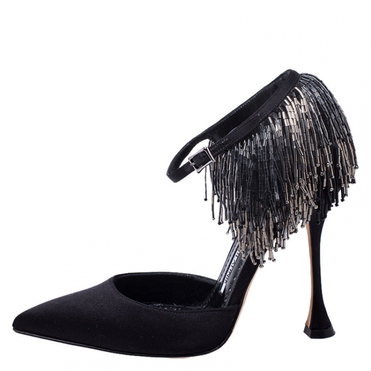 Pre Owned Manolo Blahnik Black Satin Fringe Frangia Pumps Size 36