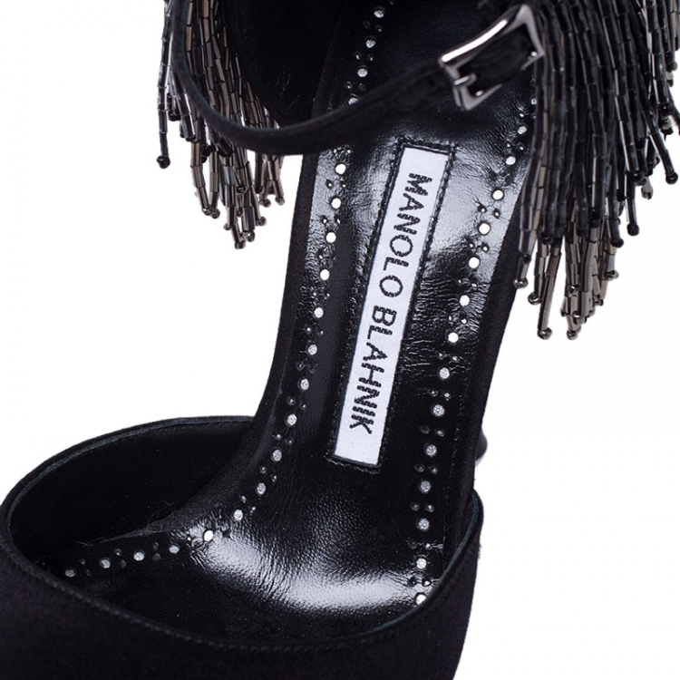 Pre Owned Manolo Blahnik Black Satin Fringe Frangia Pumps Size 36
