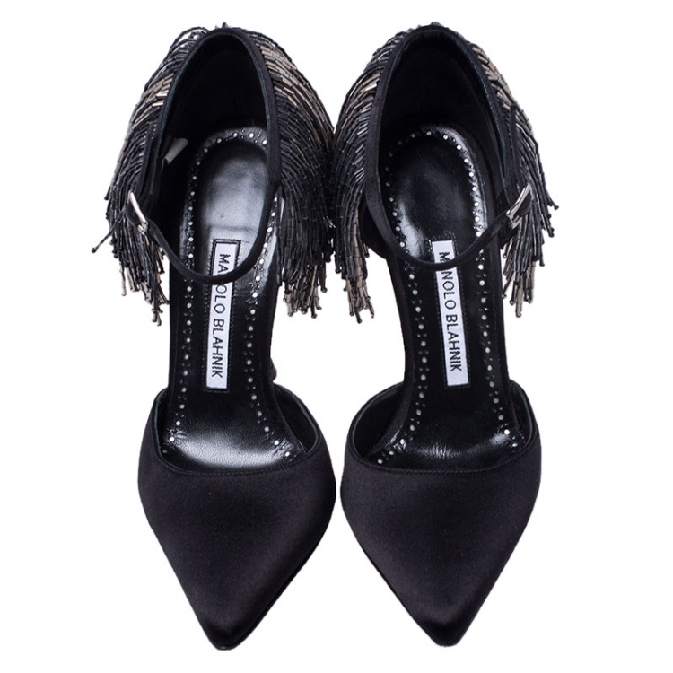 Pre Owned Manolo Blahnik Black Satin Fringe Frangia Pumps Size 36