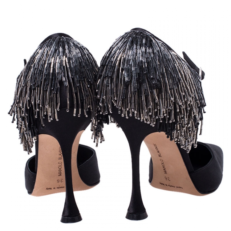 Pre Owned Manolo Blahnik Black Satin Fringe Frangia Pumps Size 36