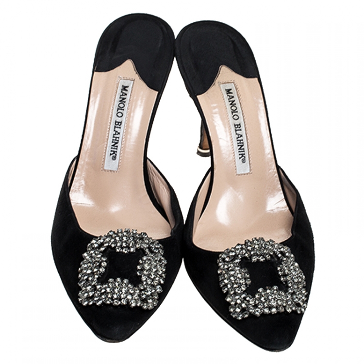 Pre Owned Manolo Blahnik Black Suede Maysale Embellished Pointed Toe Mules Size 38.5