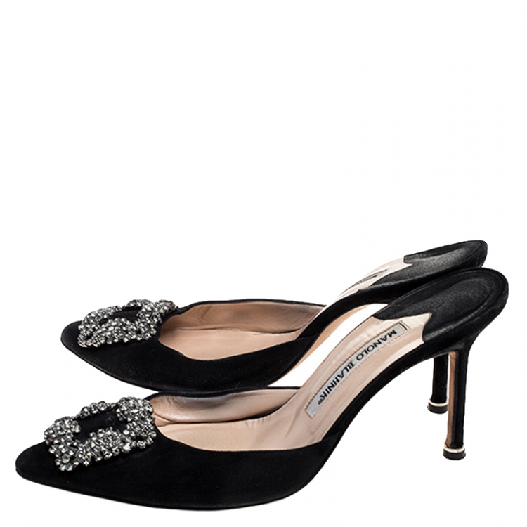 Pre Owned Manolo Blahnik Black Suede Maysale Embellished Pointed Toe Mules Size 38.5