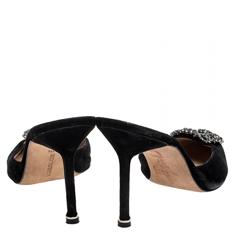Pre Owned Manolo Blahnik Black Suede Maysale Embellished Pointed Toe Mules Size 38.5