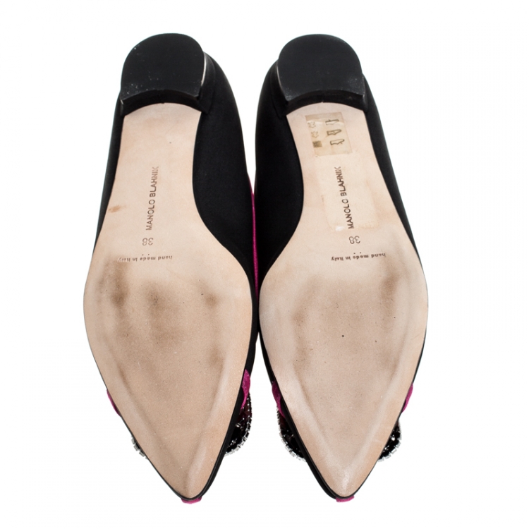 Pre Owned Manolo Blahnik Black Satin And Pink Trim Gotrian Crystal Embellished Pointed Toe Flats Size 38