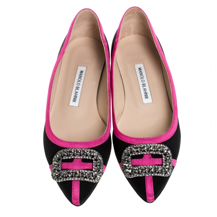 Pre Owned Manolo Blahnik Black Satin And Pink Trim Gotrian Crystal Embellished Pointed Toe Flats Size 38