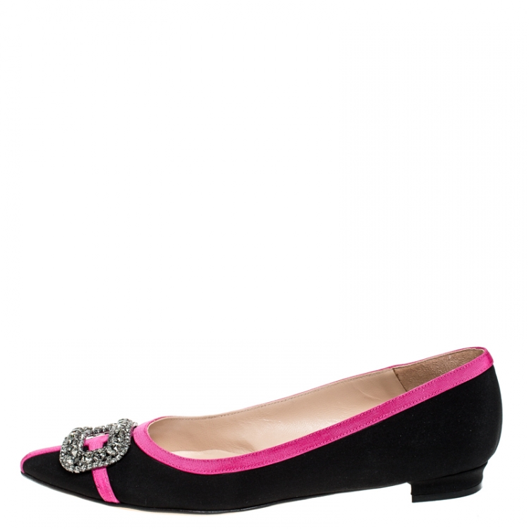 Pre Owned Manolo Blahnik Black Satin And Pink Trim Gotrian Crystal Embellished Pointed Toe Flats Size 38