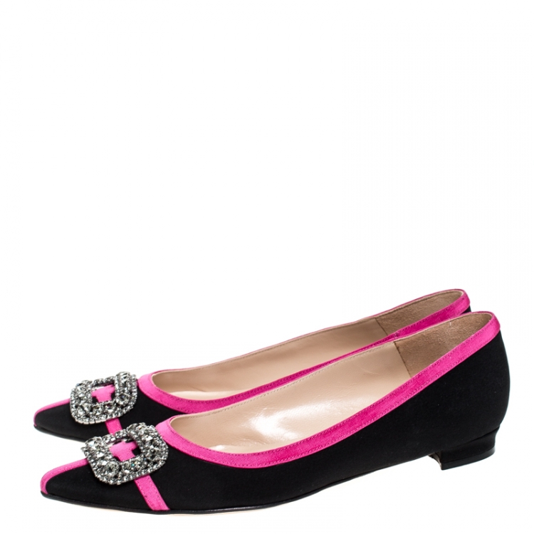 Pre Owned Manolo Blahnik Black Satin And Pink Trim Gotrian Crystal Embellished Pointed Toe Flats Size 38