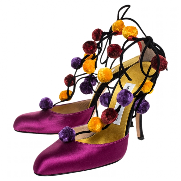 Pre Owned Manolo Blahnik Purple Satin Pom Pom Detail Lace Up Sandals Size 36.5