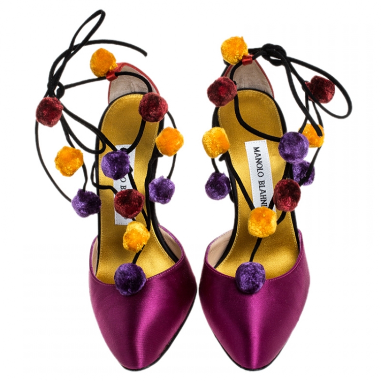 Pre Owned Manolo Blahnik Purple Satin Pom Pom Detail Lace Up Sandals Size 36.5