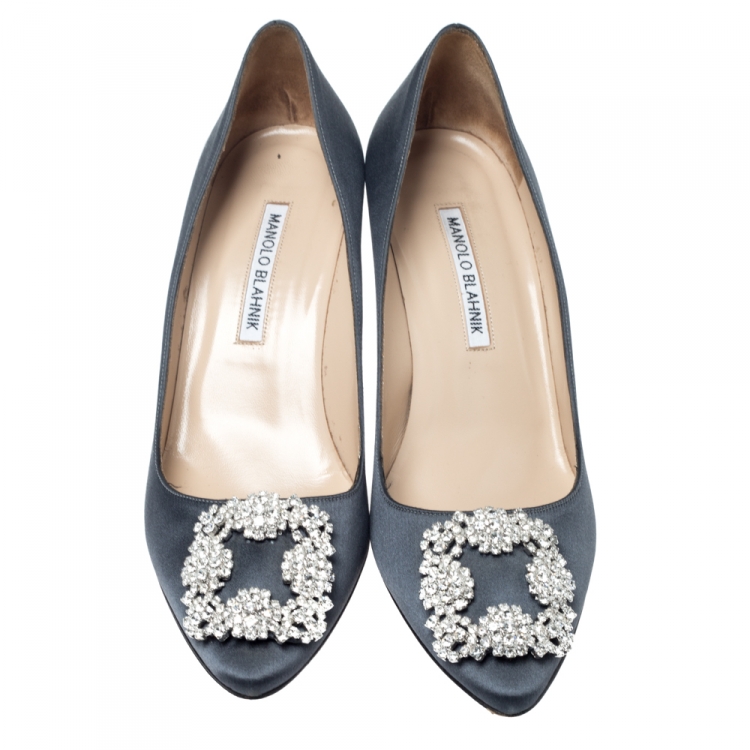 Pre Owned  Manolo Blahnik Grey Satin Hangisi Jewel Pumps Size 38.5