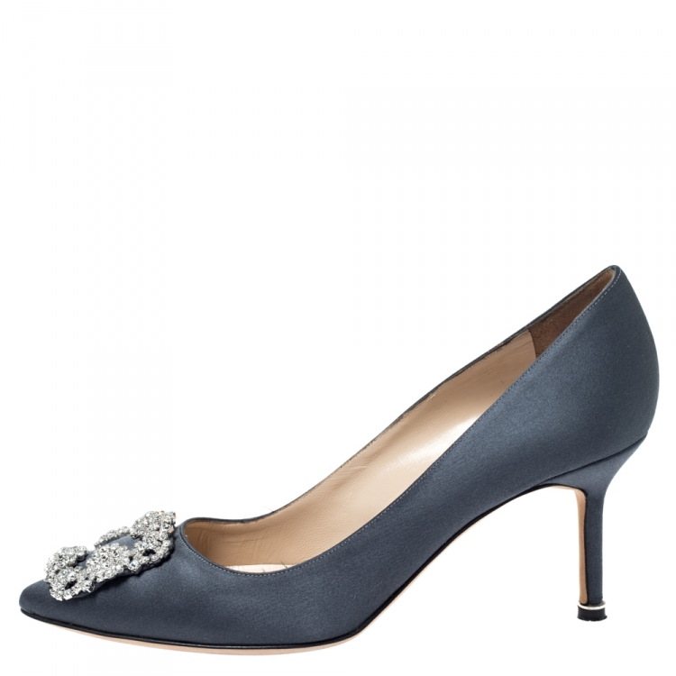 Pre Owned  Manolo Blahnik Grey Satin Hangisi Jewel Pumps Size 38.5