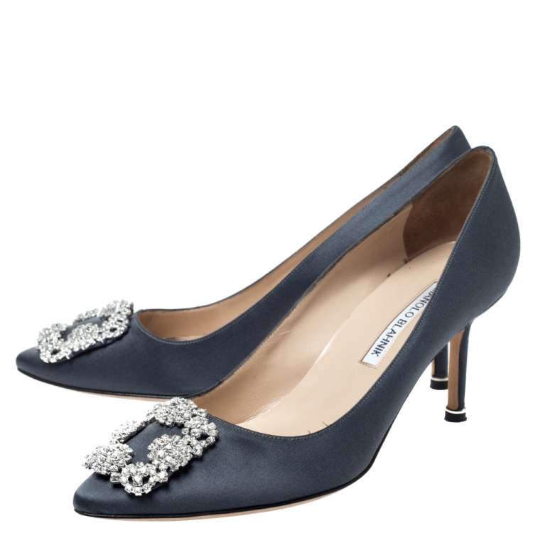 Pre Owned  Manolo Blahnik Grey Satin Hangisi Jewel Pumps Size 38.5