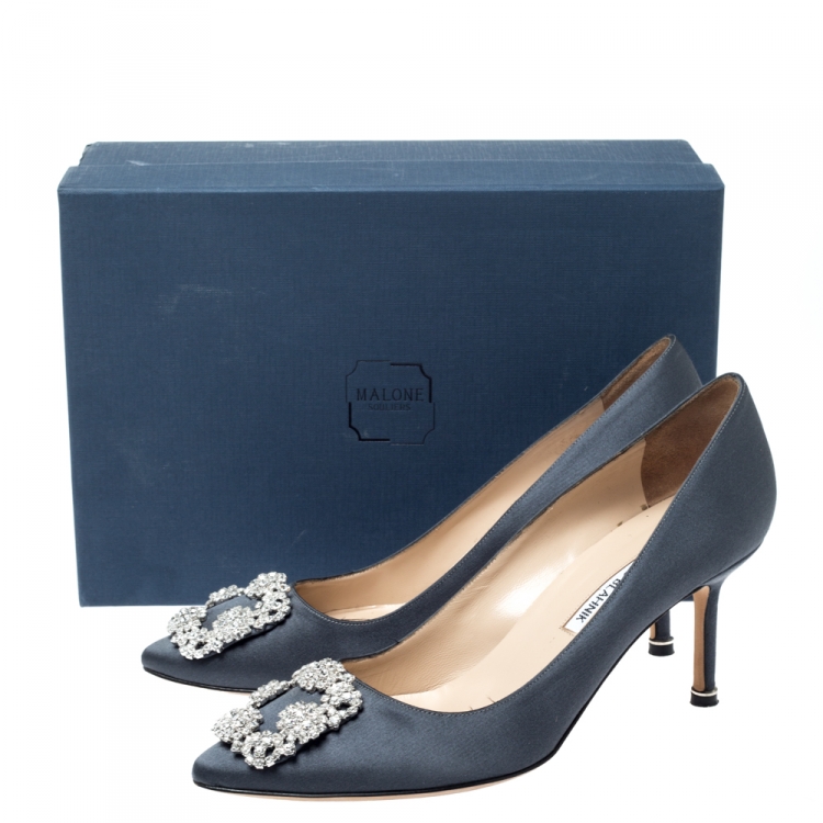 Pre Owned  Manolo Blahnik Grey Satin Hangisi Jewel Pumps Size 38.5