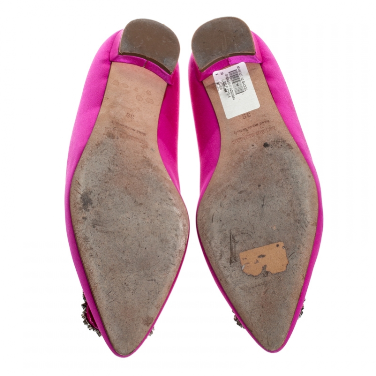 Pre Owned Manolo Blahnik Magenta Satin Hangisi Ballet Flats Size 39