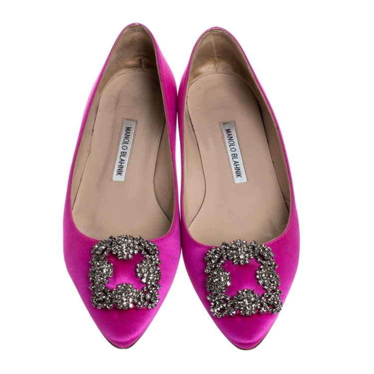 Pre Owned Manolo Blahnik Magenta Satin Hangisi Ballet Flats Size 39