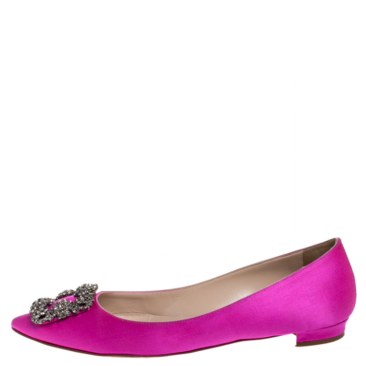 Pre Owned Manolo Blahnik Magenta Satin Hangisi Ballet Flats Size 39