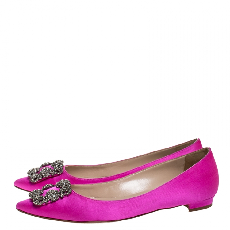 Pre Owned Manolo Blahnik Magenta Satin Hangisi Ballet Flats Size 39