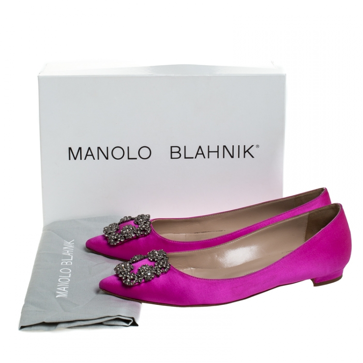 Pre Owned Manolo Blahnik Magenta Satin Hangisi Ballet Flats Size 39