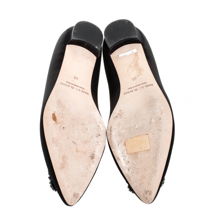 Pre Owned Manolo Blahnik Black Satin Hangisi Ballet Flats Size 40