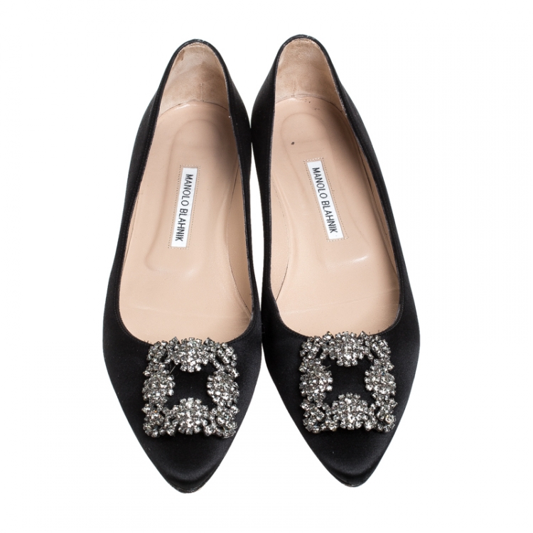 Pre Owned Manolo Blahnik Black Satin Hangisi Ballet Flats Size 40