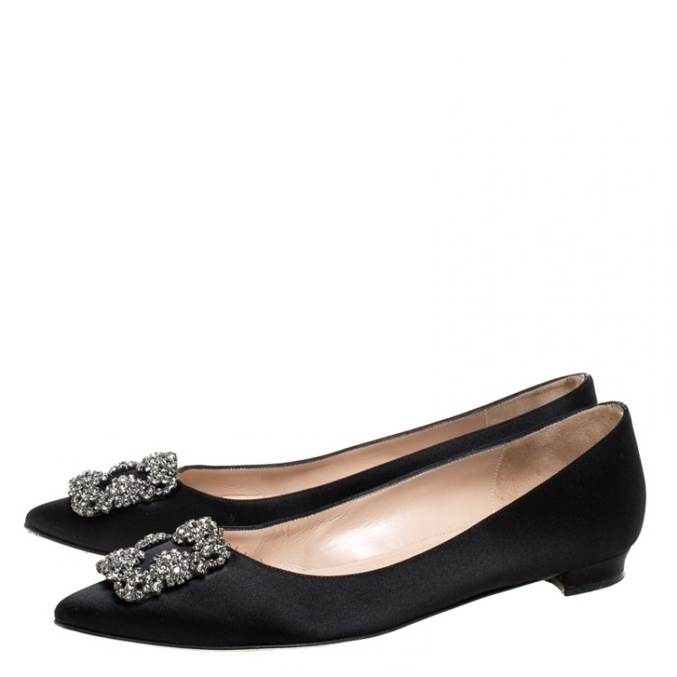 Pre Owned Manolo Blahnik Black Satin Hangisi Ballet Flats Size 40