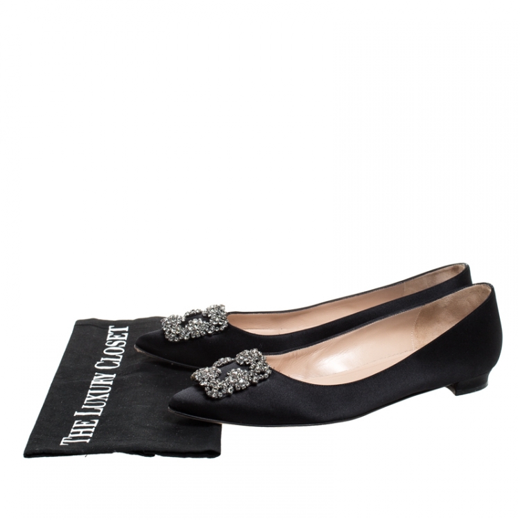 Pre Owned Manolo Blahnik Black Satin Hangisi Ballet Flats Size 40
