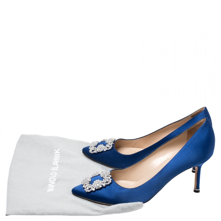 Pre Owned Manolo Blahnik Blue Satin Hangisi Crystal Embellished Pointed Toe Pumps Size 39.5