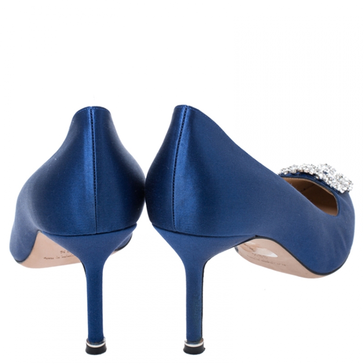 Pre Owned Manolo Blahnik Blue Satin Hangisi Crystal Embellished Pointed Toe Pumps Size 39.5