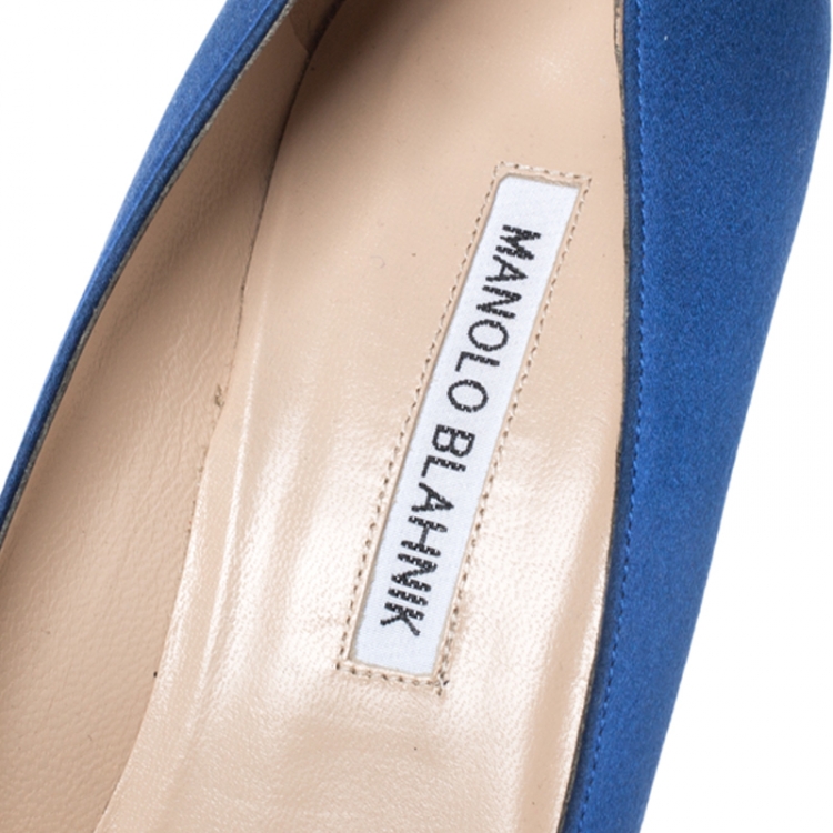 Pre Owned Manolo Blahnik Blue Satin Hangisi Crystal Embellished Pointed Toe Pumps Size 39.5