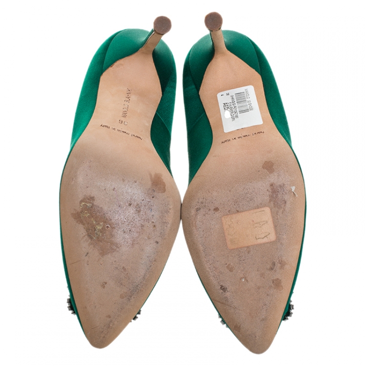 Pre Owned Manolo Blahnik Green Satin Hangisi Crystal Embellished Pumps Size 36