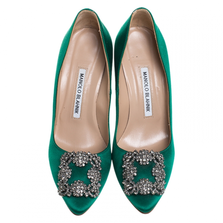 Pre Owned Manolo Blahnik Green Satin Hangisi Crystal Embellished Pumps Size 36