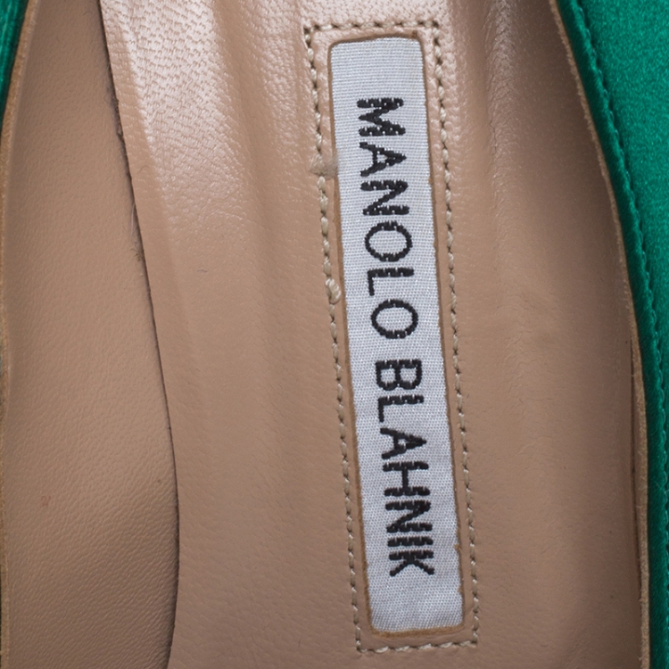 Pre Owned Manolo Blahnik Green Satin Hangisi Crystal Embellished Pumps Size 36