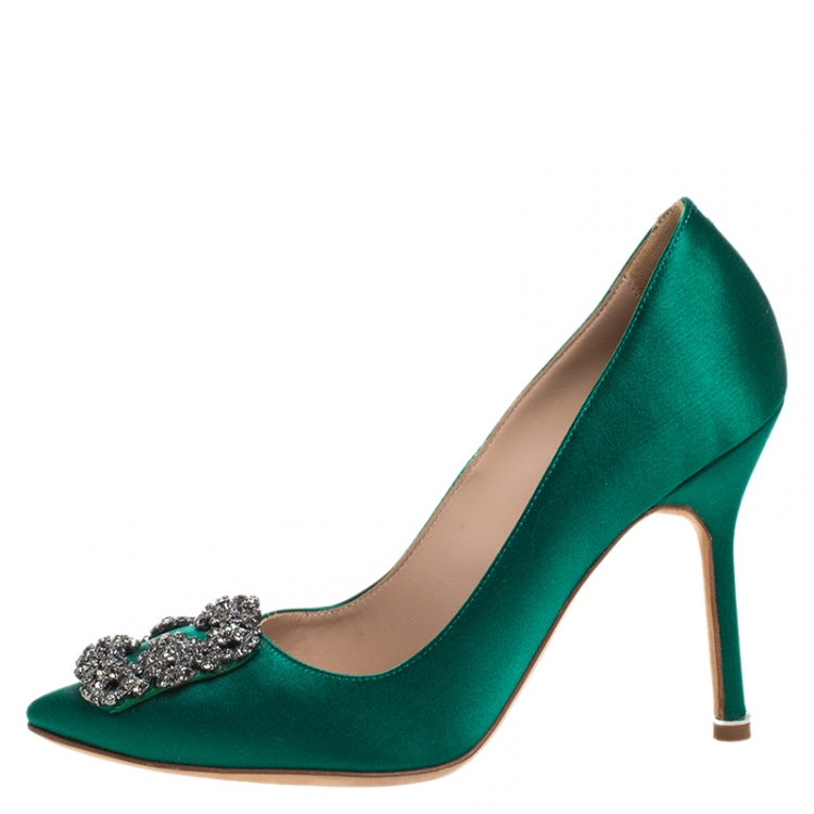Pre Owned Manolo Blahnik Green Satin Hangisi Crystal Embellished Pumps Size 36